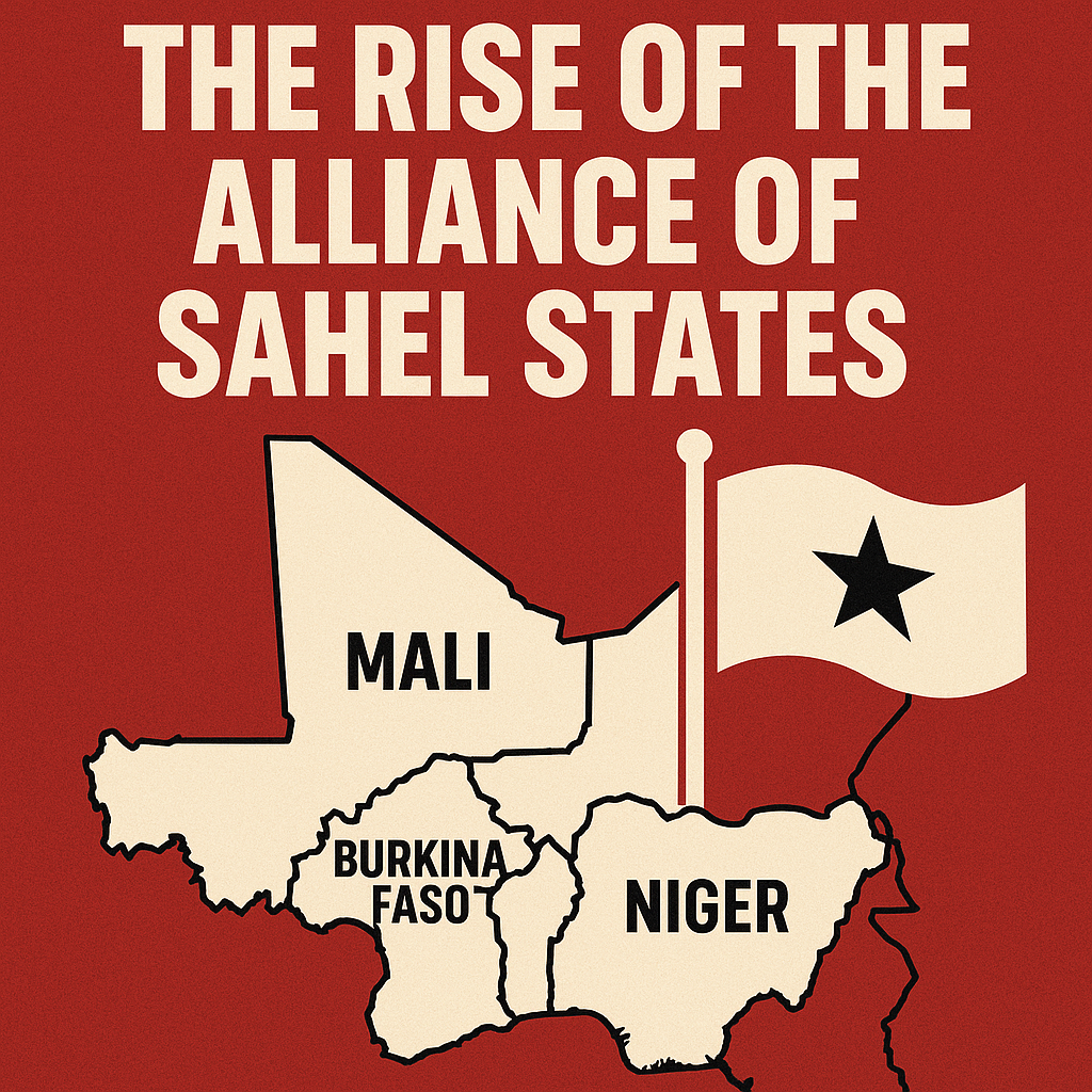Map of Mali, Burkina Faso, and Niger in cream color with a black outline, labeled by country name, under bold white text reading “The Rise of the Alliance of Sahel States” on a red background, with a flag showing a black star.