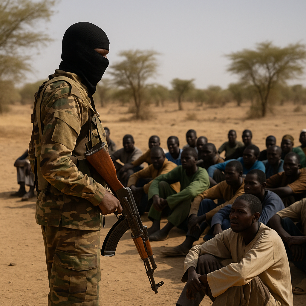 A masked militant in camouflage holding an AK-47 stands facing a group of seated men on dry, dusty Sahelian ground under a hazy sky, suggesting tension and control.