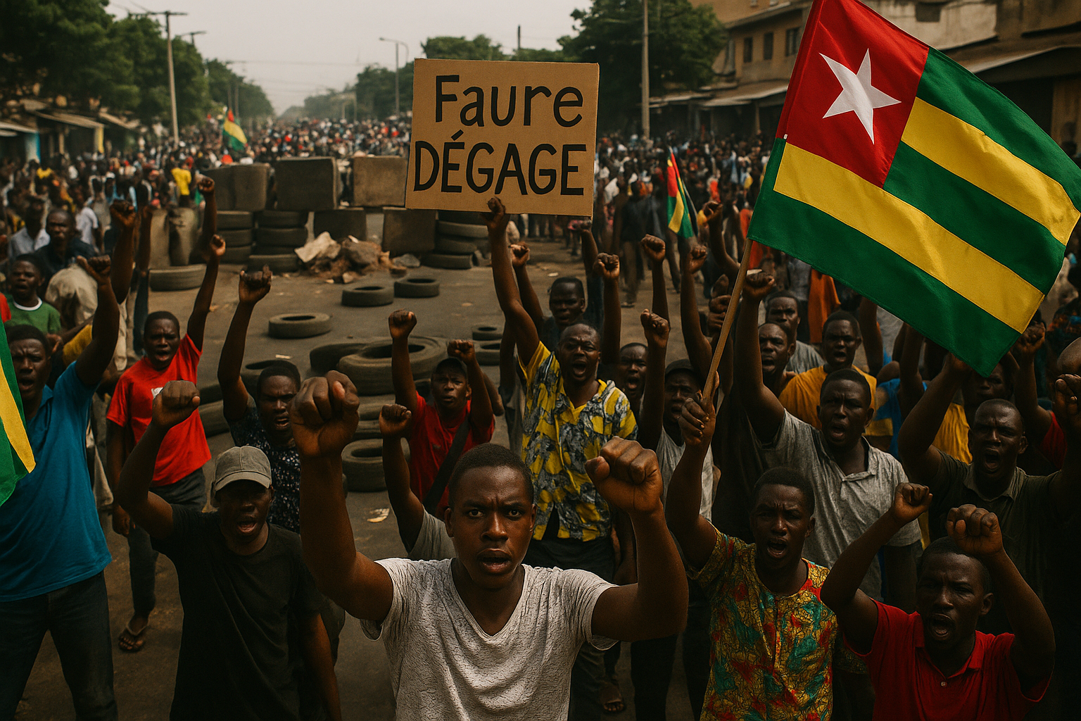Protesters in Lomé raise their fists, wave Togolese flags, and hold a sign reading “Faure DÉGAGE” as they gather in the street behind makeshift barricades of tires and concrete.
