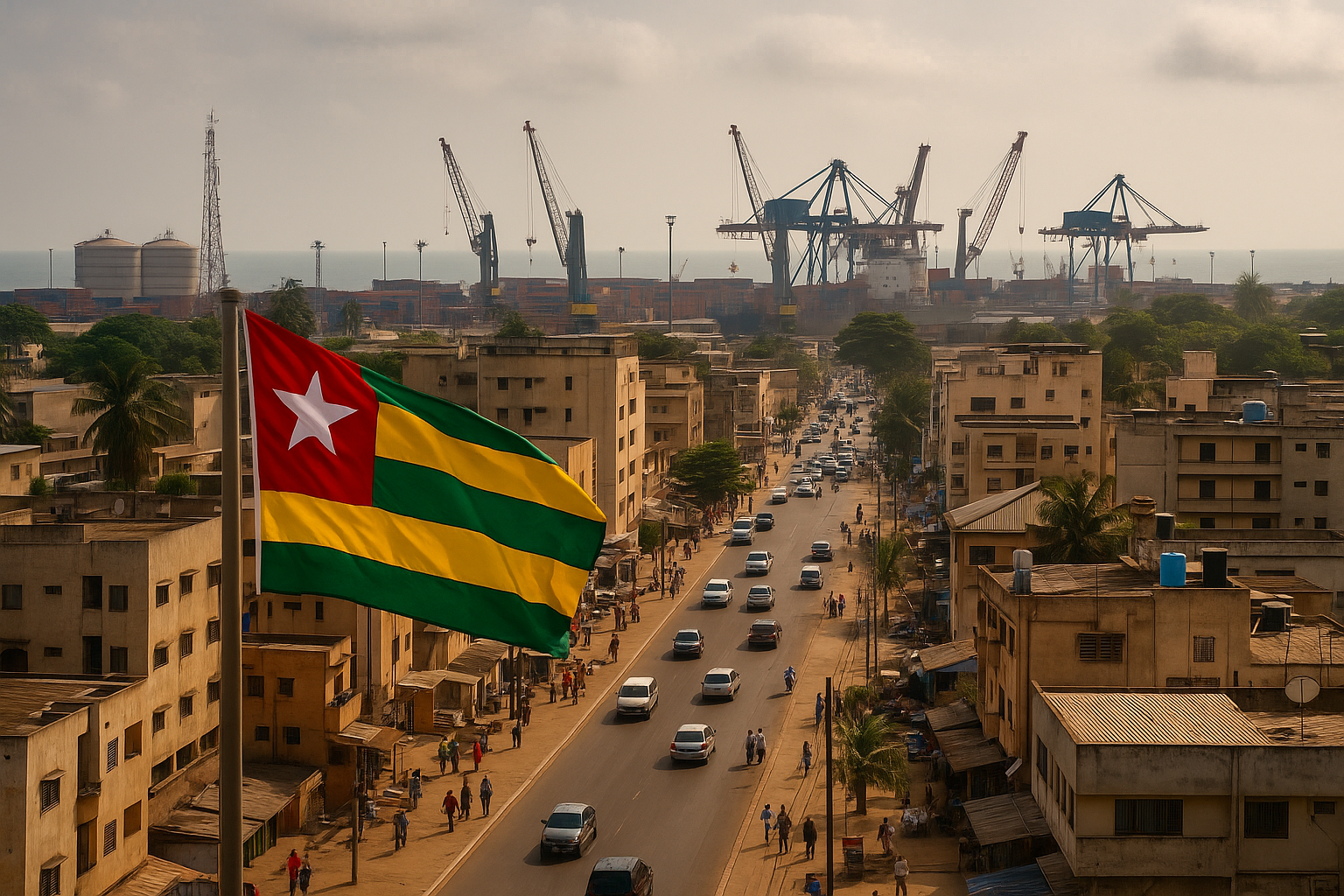 A large Togolese flag waves in the foreground over a busy urban road in Lomé, with modern port cranes, cargo ships, and shipping containers visible in the background under a soft cloudy sky.